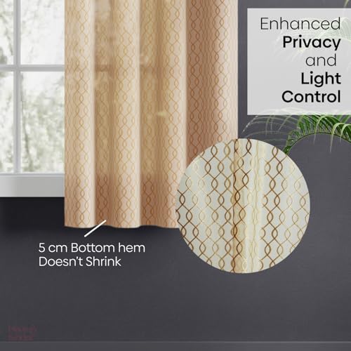 Image of haus & kinder Jacquard Sheer Window Curtains 5 Feet Long Pack of 2 Window Curtains, 5 Feet Curtains for Window, (Abstract Geometric Design, Sandstone Weave, 114x152cm)