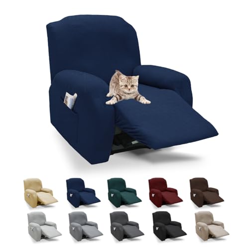 XINEAGE 4-Piece Recliner Cover Stretch Jacquard Slipcover with Pocket, Washable Recliner Chair Protector for Kids, Pets, Dogs, Cats (Navy Blue)