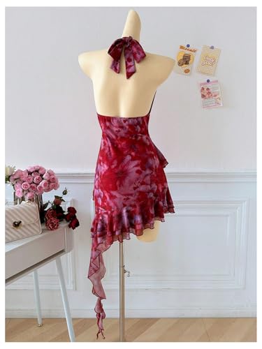 Verdusa Mesh Dress for Women Y2k Floral Backless Halter Short Dress Ruffle Asymmetrical Slim Fit Mini Dresses2