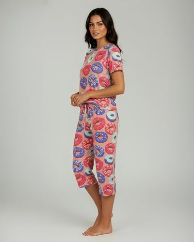 Image of Real Essentials 2 Pack: Womens Pajamas Short Sleeve Sleepwear Tops and Capri Pants Pjs Print Pajama Sets (Available In Plus)