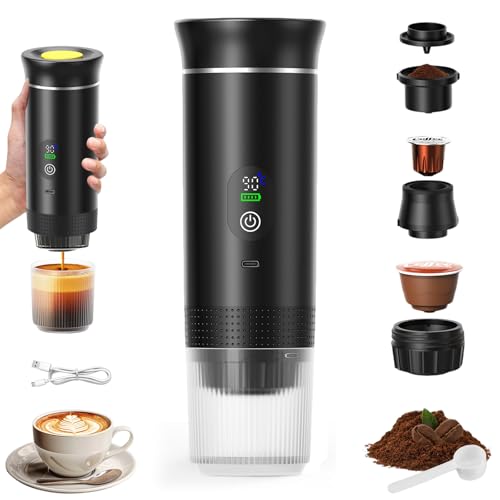 VHV - Cafetera portátil 3 en 1, recargable portátil de viaje, 12 V espresso Machine a Cafe para cápsula, café molido, para camping, viajes, oficina, coche, casa (negro)