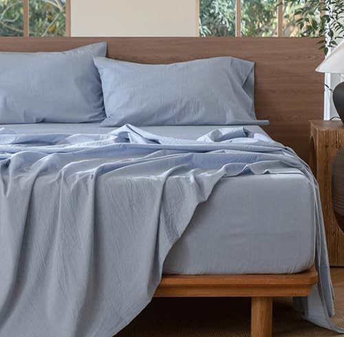 Image of MooMee Sheet Set 100% Washed Cotton Linen-Like Extra Deep Pocket King | Relaxed Linen-like Texture. Soft, Breathable & Lightweight Comfort. 15-19 inch Extra Deep Pocket with All-around Elastic