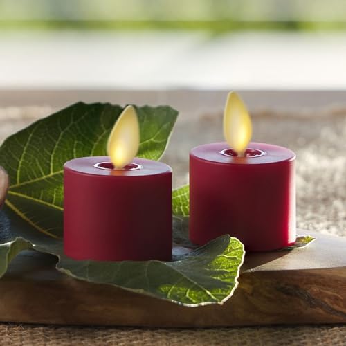 Image of Luminara Moving Flame LED Flameless Tealight (1.4 inch x 2 inch) Remote Ready Battery Operated Plastic LED Flameless Tea Light - Smooth Matte - Pearl Ivory (2-Pack Burgundy)