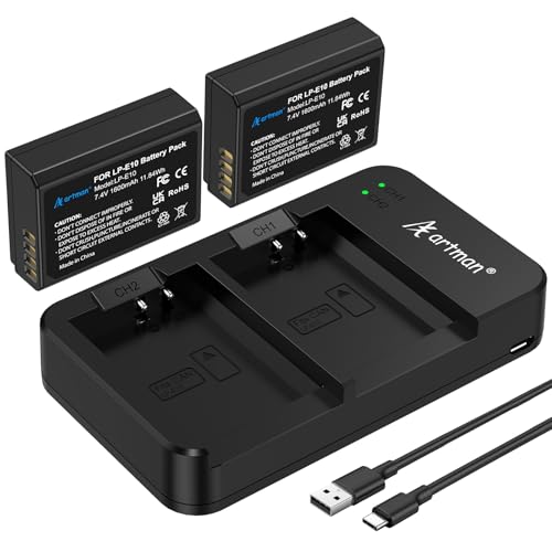 Artman LP-E10 Battery 2-Pack 1600mAh and Rapid Dual LP E10 Battery Charger for Canon EOS Rebel T7 T6 T5 T3 T100 Kiss X50 X70 X80 X90 EOS 1100D 1200D 1300D 1500D 2000D 3000D 4000D Digital Cameras