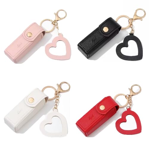 BOSOIRSOU Lipstick Organizer Keychain with Mirror - 4 Pcs PU Chapstick Case Lip Gloss Bag Lip Balm Pouch For Women Travel Party Gift