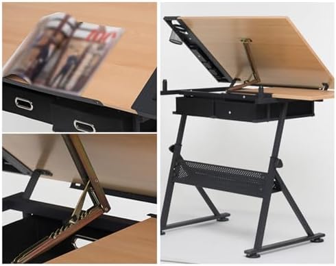 Drawing Tilting Tablet,Adjustable Drafting Table & Stool Set w/Stool and 2 Storage Drawers, 80° Tiltable Tabletop MDF Versatile Art Desk for Home Office, Art Studio, or Craft Room, Wood