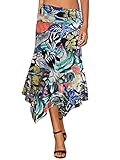 Picture of DJT Women's Ruched Elastic Waist Soft Flowy Handkerchief Hem Midi Swing Skirt S Blue Floral