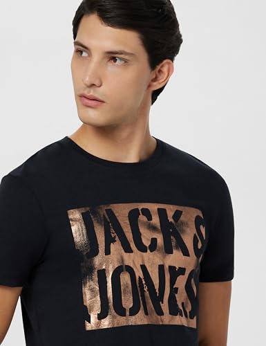 Image of Jack & Jones Men's Typography Printed Round Neck Short Sleeves Cotton Slim Fit Letter Print T-Shirt