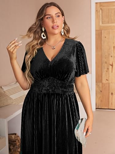 Image of Simplee Women's V Neck Velvet Maxi Dress Short Sleeve Empire Waist Long Formal Dress for Wedding Guest
