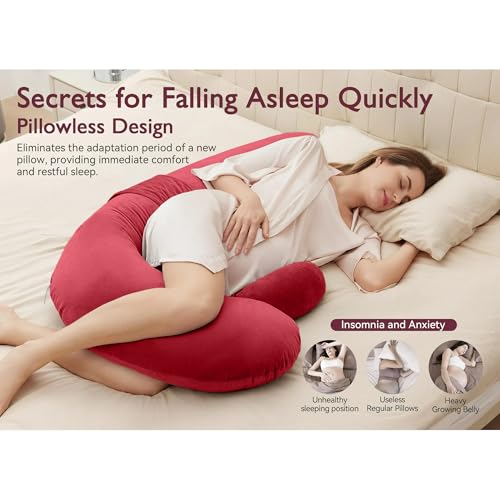 Image of J-Shaped Sleeping Pregnancy Pillow| Removable Velvet Covers| PregnoCare Fibres| Baby Shower Gift, Maternity, Nursing| Full Body Soft-Support Bump, Head, Back, Shoulder, Hips, Legs and Belly (Red)