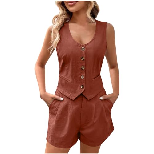 HGps8w Womens Summer 2 Piece Business Office Outfits Button Down V Neck Suit Vest Waistcoat Matching Shorts Sets with Pockets