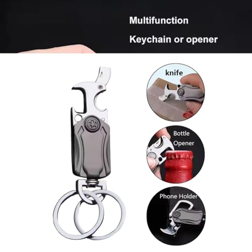 Image of 5-in-1 Multifunction Bottle Opener Keychain, Heavy Duty Metal Carabiner Keychain Tool with 360 Spinner, Dual Key Ring & Phone Holder, Portable Keychains for Car Bike Travel Outdoor