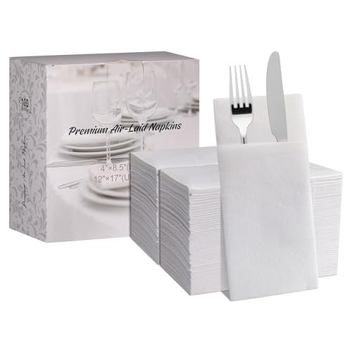 MORGIANA 100 Stück Bestecktaschen mit Serviette 43 * 30 cm Weiß Eco Bestecktaschen Papier, Stoffähnlich Besteck Servietten für Hochzeit Unterwegs...
