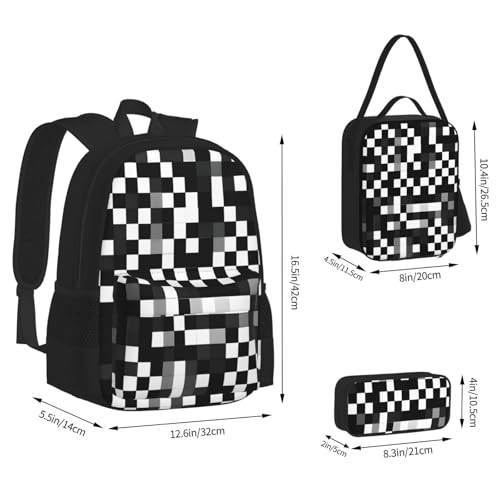 3Pcs Versatile Adjustable Large Capacity Black White Formula Checkered Pattern Print Backpack Lunch Box and Pencil Case4