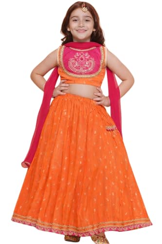 Serene Spaces Girls Chanderi Silk Lehenga Choli with Pink Dupatta...