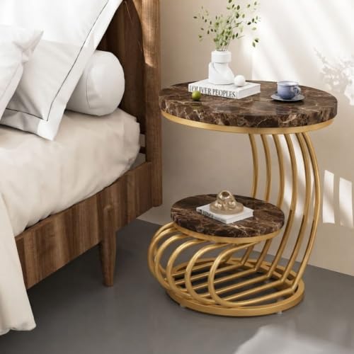 Image of Modern Double-Top Coffee Table with Rustic Farmhouse Accent, Multipurpose Living Room Bedroom, Two-Tier Small Sofa Side Bedside Table with Metal Frame Nightstand (Brown Gold Mg)