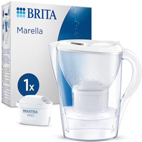 BRITA Wasserfilterkanne Marella weiß (2,4l) inkl. 1x MAXTRA PRO Pure Performance Kartusche – Kühlschrankgeeignete Filterkanne mit BRITA Memo, Klapp-Deckel, filtert Verunreinigungen