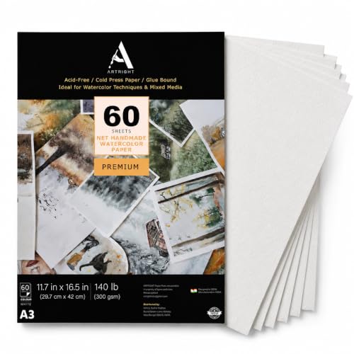 Image of ArtRight Artists' Acrylic Paper (A3 Pack of 60 Sheets, 300 GSM); 300 GSM Handmade Sheets for Gouache & Acrylic Media Papers