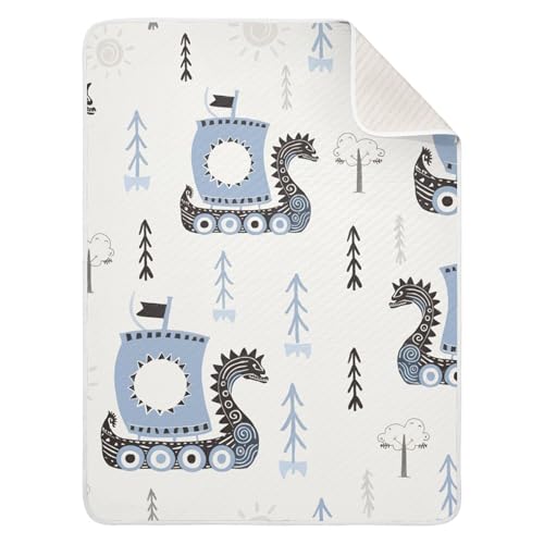 Image of Qilmy Viking Ships Baby Blanket for Boys Girls Kids with Soft Cotton, Cute Cozy Warm Nursery Receiving Swaddle Blanket for Toddler Infant Crib, 30 x 40 Inch