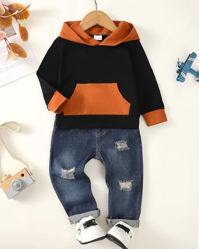 Image of Toddler Boy Clothes Baby Boy Outfit Letter Prints Hoodies Top Ripped Jeans Cute Boys Clothing Set Fall Winter