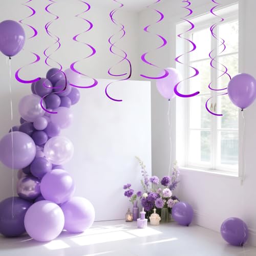 Image of Party Swirl Decorations Hot Pink Shinny Foil Hanging Swirl Decorations Plastic Streamer for Ceiling Plastic Streamer for Party Decorations Metallic Hanging Swirl Pack of 30 (Purple)