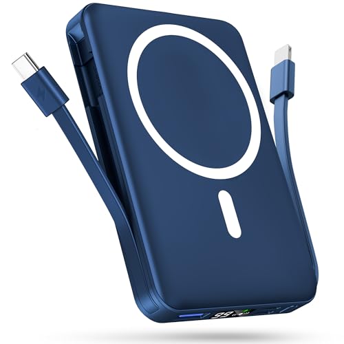 Podoru para Magsafe Powerbank,10000mAh Magnético Power Bank, Powerbank mag-Safe Integrado USB-C&Lighting, Cargador Portátil Inalámbrico PD22.5W Carga Rapida para iPhone 16/15/14/13/12-Azul Oscuro