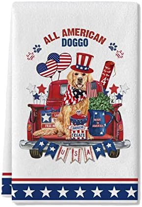 Bicabbagy 4th of July Kitchen Towels Dish Towels, Red Truck Dog American Flag Stars Patriotic Seasonal Décor Hand Towels 18x27.5 Inch