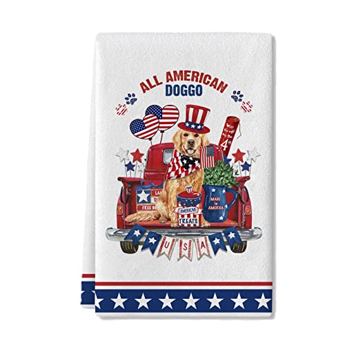 Bicabbagy 4Th Of July Kitchen Towels Dish Towels, Red Truck Dog American Flag Stars Patriotic Seasonal Décor Hand Towels 18X27.5 Inch #TOP30