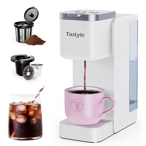 Image of Tastyle Single Serve Coffee Maker, Iced and Hot Coffee Machine for K Cup & Grounds, Compact Design, 40oz Removable Water Reservoir, 6 to 24 Oz Brew Sizes, Fits 7.3" Travel Mug, White