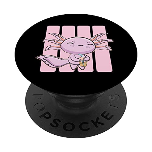 Pink Axolotl Boba Cute Anime Pastel Goth Nu Pearl Bubble Tea PopSockets Swappable PopGrip, Black