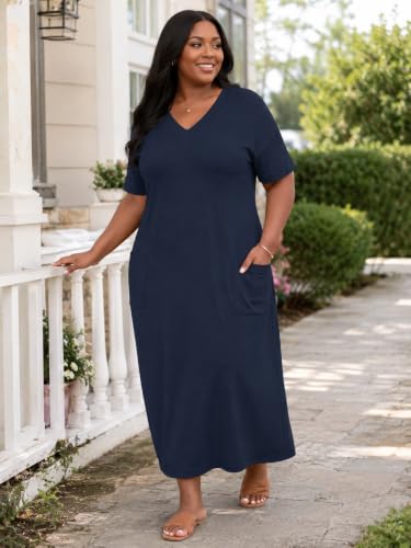 Image of Plus Size Maxi Dress for Women Short Sleeve V Neck Casual Loose Sundress with Pockets