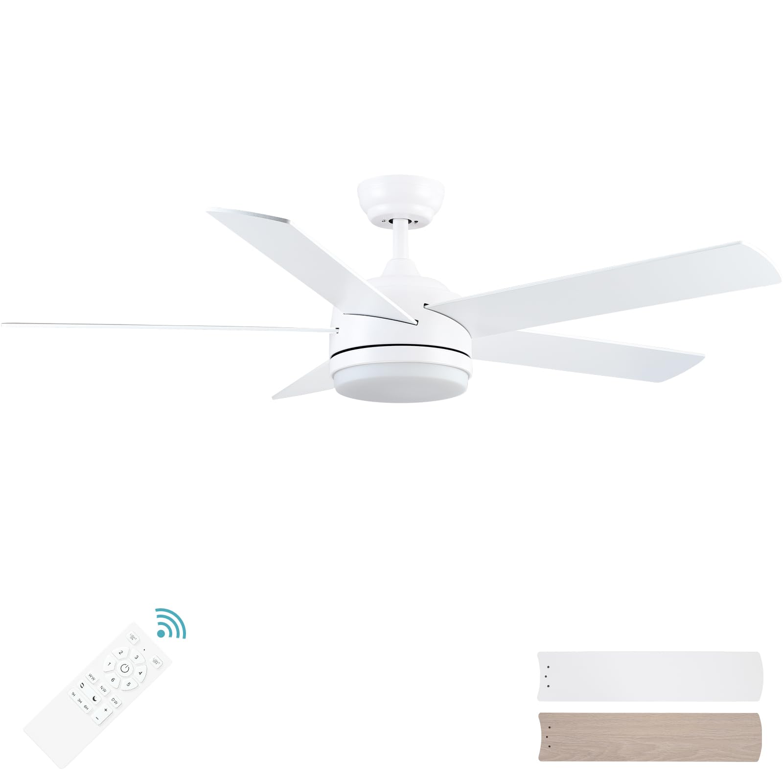 YUHAO 52 Inch White Ceiling Fan with Light and Remote Control.Noiseless,Dimmable,3CCT,6 Speeds Reversible, DC Ceiling Fans for Indoor or Covered Outdoor