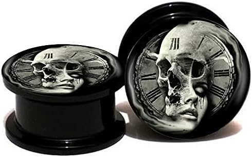 Skull & Clock Screw-On Acrylic Ear Gauges - Pair (2pcs) Ear Plugs - 8 Size Options