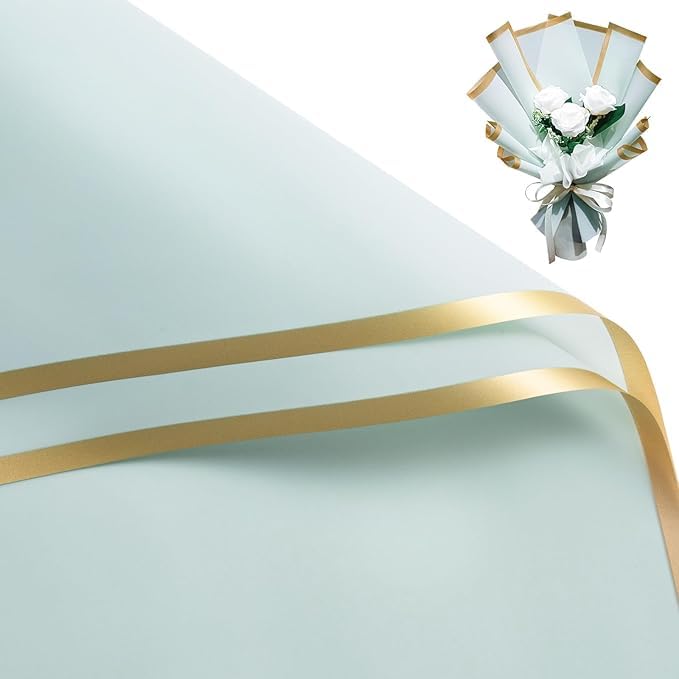 Image of Zarwani - 10 Sheets Korean Style Waterproof SkyBlue Bouquet Wrapping Paper (58cm x 58cm, 60 Microns) | Golden Border Design, Giftwrap for Flowers & DIY Gift Wrapping Paper (10, Gold Border Sky Blue)