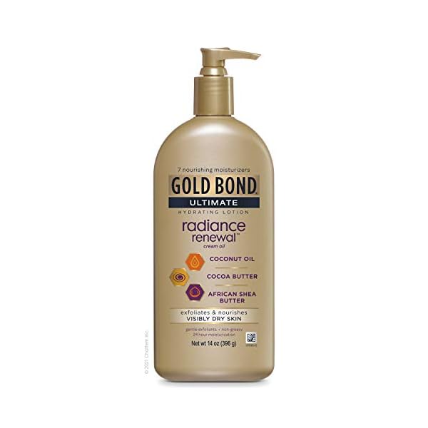 Gold-Bond-Ultimate-1-Count-Radiance-Renewal-COCONUT-OIL-SHEA-BUTTER-COCOA-BUTTER-14-Oz Gold Bond Cocoa Butter Glow Daily Hydrating Lotion with Shea Butter, Cocoa Butter & Coconut Oil, Exfoliating Moisturizer for Dry Skin, 14 oz.