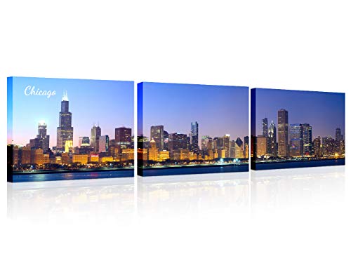 TUMOVO 3 piezas de arte de pared de Chicago Centro de noche cuadro lienzo moderno paisaje urbano decoración del hogar arte enmarcado para paredes del hogar listo para colgar 35,5 x 50,8 cm x 3