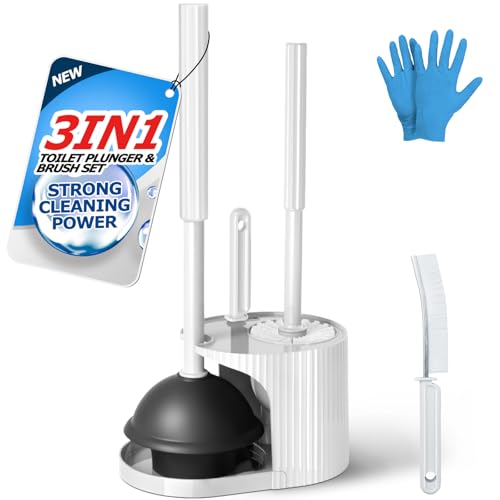 FORASTO 3 in 1 Toilet Brush and Plunger Set Toilet Bowl Brush Plunger Set Toilet Brush Plunger Combo Cleaning Brush Cleaning Supplies Crevice Cleaning Brush Bathroom Cleaning Tools White