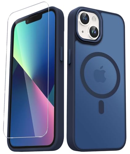 Image of YENAPOON for iPhone 15 Plus Case, Matte Magnetic Phone Case, Navy Blue | Fit for Magsafe, Screen Protector Included, Translucent Frosted Slim Shockproof Protective Cover