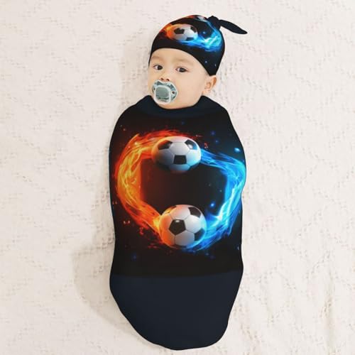 Image of Soccer Ball Newborn Swaddle Blanket with Beanie Set Soft Baby Sleep Sack Stretch Adjustable Swaddle Wraps Receiving Blankets