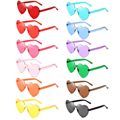 Pibupibu 12 Pack Heart Shaped Sunglasses for Women Colorful Rimless Sunglasses Transparent Bachelorette Party Favors