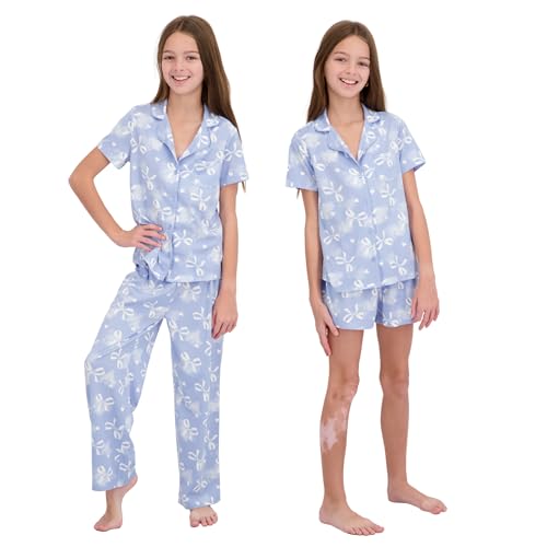 Image of US Angels Girls Pajama Set 3 Piece, Short Sleeve Button Down PJs with Shorts & Pants, Soft Sleepwear Girls & Tweens Size 5-16