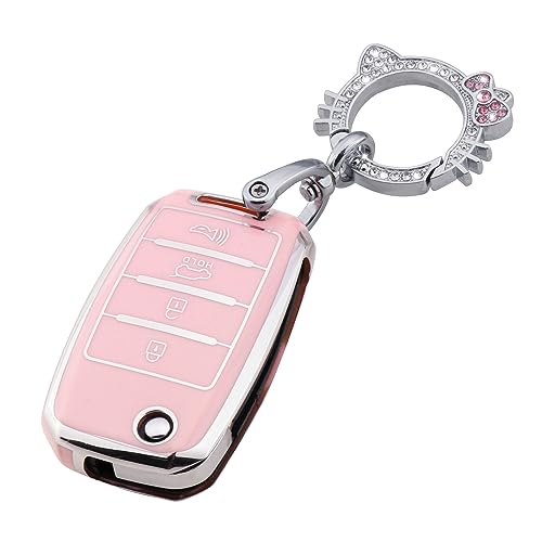 Image of Pangpai Pink Key Fob Cover for Kia, Soft TPU Key Case Protection with Bling Keychain Fit for Kia Sedona Rio Optima Soul Sportage Sorento Carens Flip Key