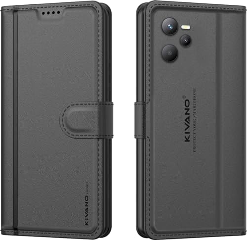 Image of KIVANO LUXE Compatible for Realme Narzo 50A Prime /Realme C35 Luxury Handmade Leather Magnetic Flip Folio Case | Card Holder & Kickstand | Slim Protective Cover | Unisex - Black