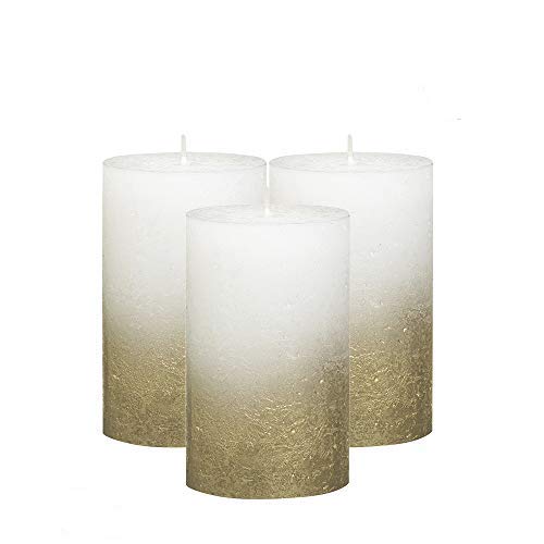bolsius rustic fading metallic gold & white candles – set of 3 pillar candles 2.75 x 5 inches – white candles with a fading gold metallic coat – perfect décor candle – wedding – party –130/68m