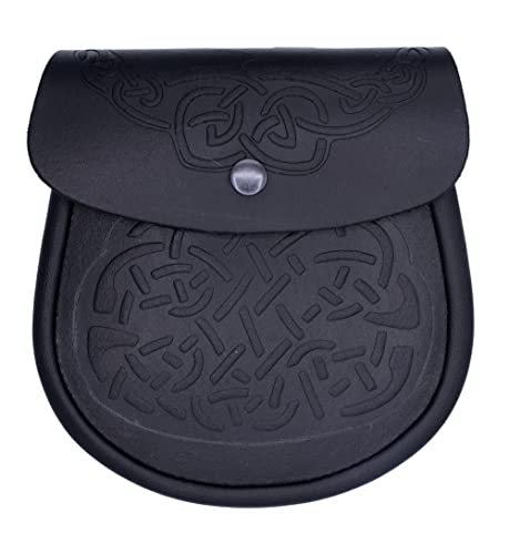 Men's Scottish Kilt Black Leather Sporran with Chain & Belt Celtic Design Double Embossed