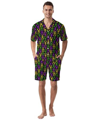 Mens Short Sleeve Sleepwear 2 Pieces Hawaiian Pjs Set Loungewear with Pockets Button Down Shirts Style Pj Set Funny Outfits3
