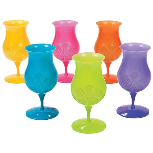 Fun Express 12 Pieces Plastic Tropical Hurricane Glasses, Holds 16 oz, BPA Free Plastic, Beach Party Supplies, Multi-Color