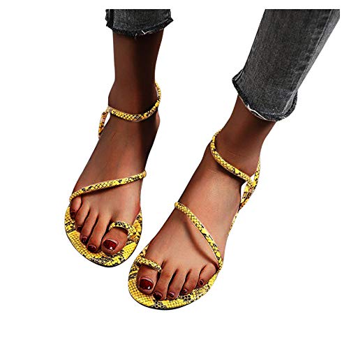 Aniywn Flat Sandals for Women, Summer Women's Sandals Low Heel Ankle Strap Sandal Snakeskin Clip Toe Sandals Yellow