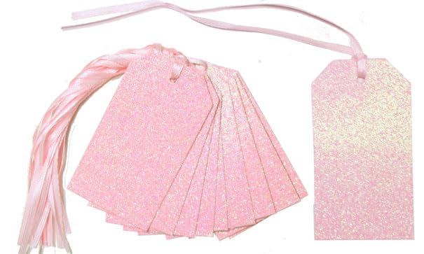 50 x Glittery Pink Gift Tags & Tying Ribbon - Baby Shower Birthday Gift Wrap Present