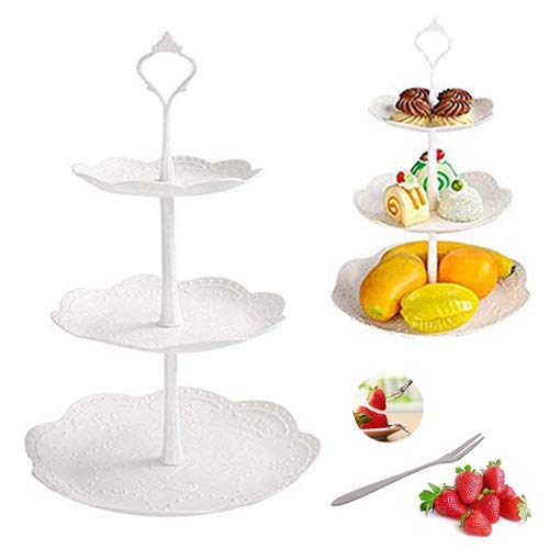 Cake Stand Tower 3-Tier Fruit Racks Plastic Cupcake Dessert Stand-tea Party Serving Platter and 5pcs Fruits Forks For Weddings, Tea Party, Holiday Dinners, or Birthday Parties